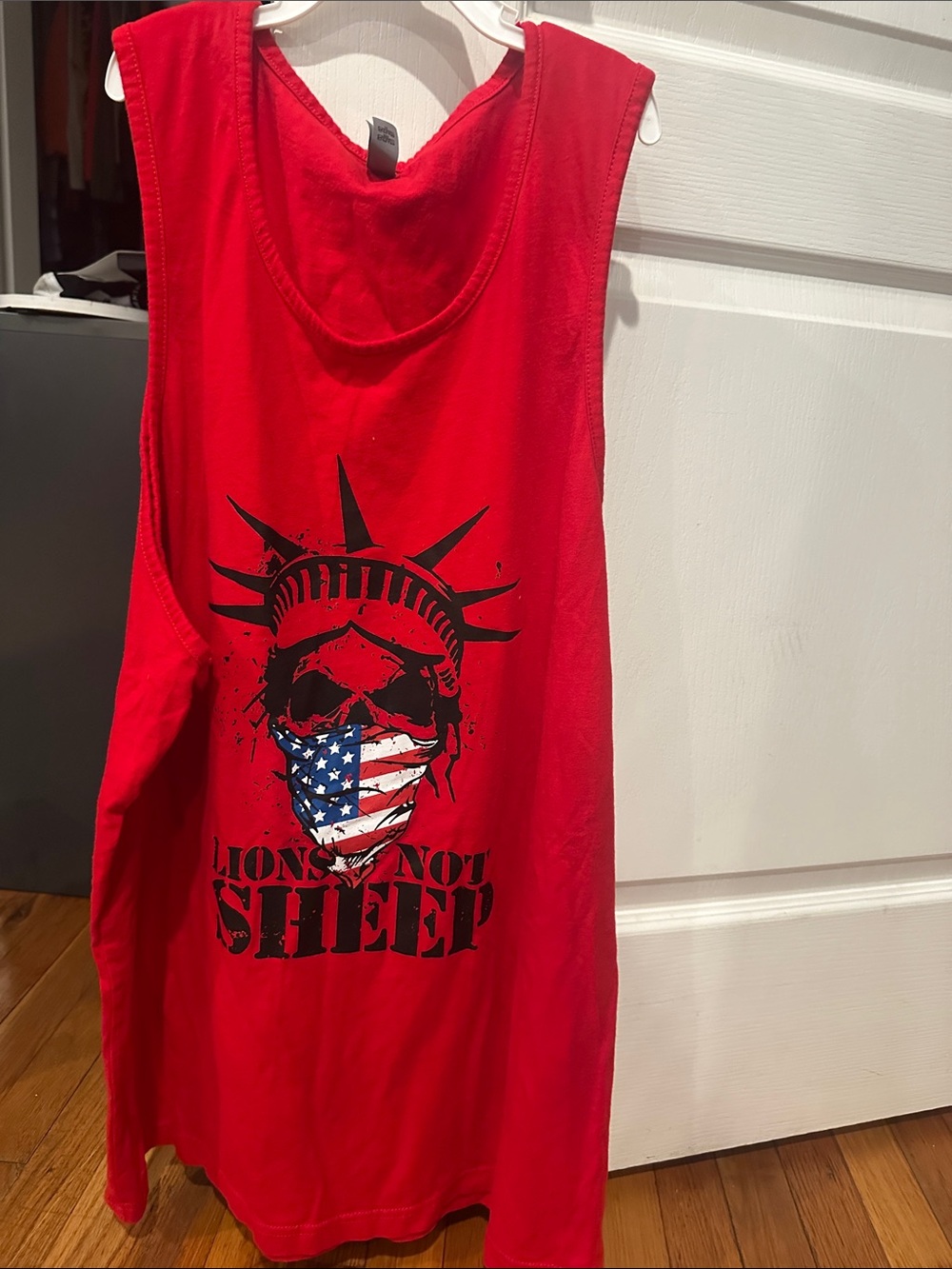Red Graphic Tank Top with Statue of Liberty Skull and American Flag Mask